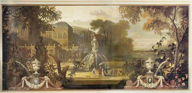 Paesaggio all'italiana con un palazzo e una fontana